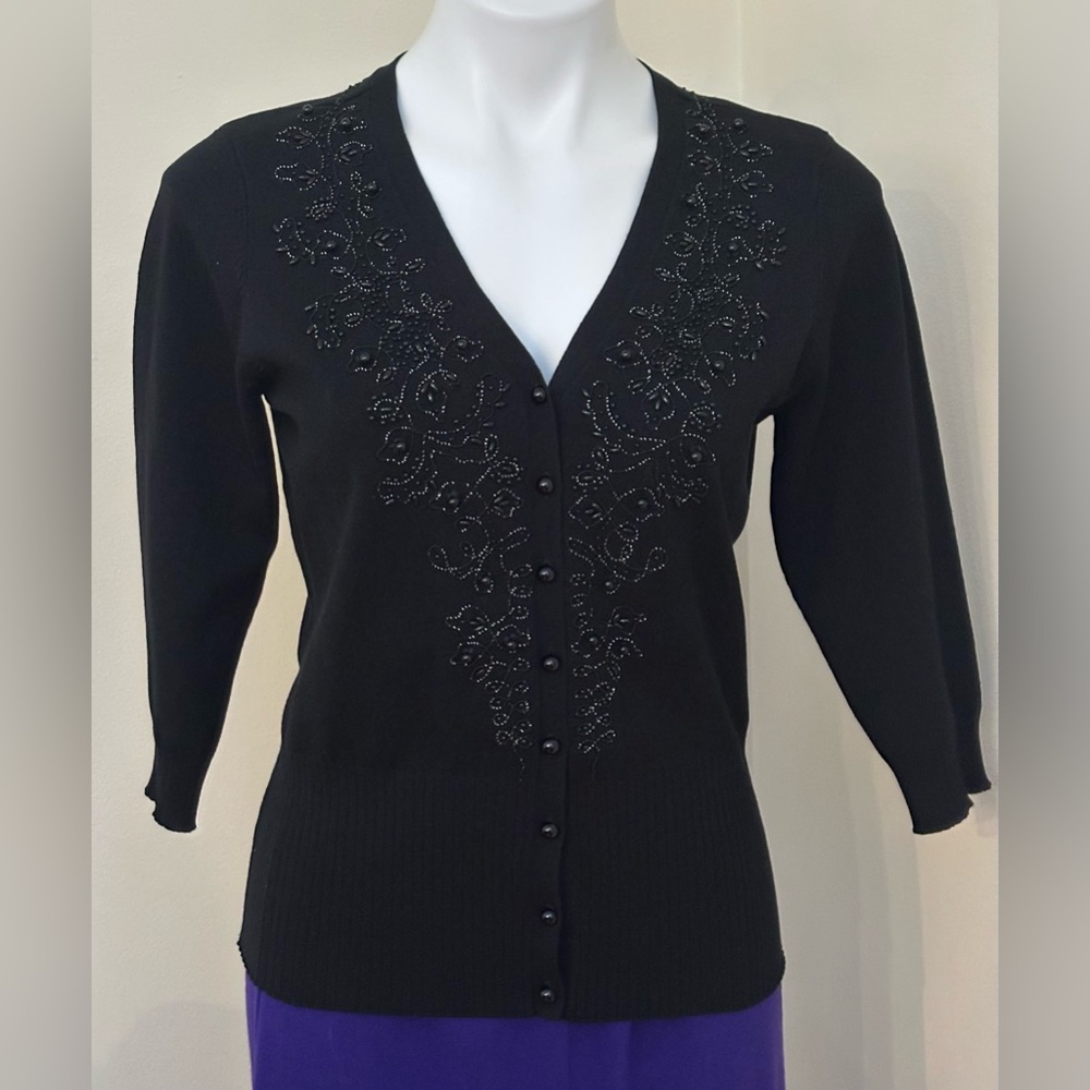 STYLE & CO. Black Beaded Neck Button Down Cardigan 3/4th Sleeves Sweater Sz P/M